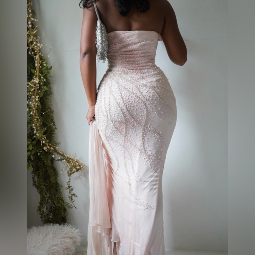 Vintage 100% Silk Beaded Dress Vintage Beaded Dress Pink Strapless Prom Fairy - Picture 4 of 17